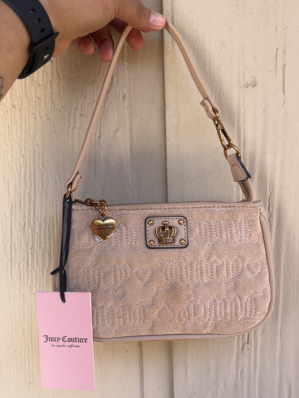 Juicy Couture Beige Suede Mini Shoulder Bag with Gold Heart Charm